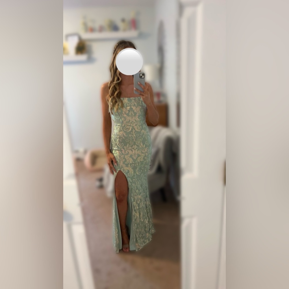 WINDSOR Prom Dress Mint Green with Sequins and Lace Up/Tie Back